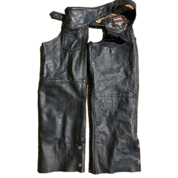 Vintage Interstate Leather Black Leather Motorcycle Biker Chaps Sz XXLARGE Flaws - Picture 12 of 13